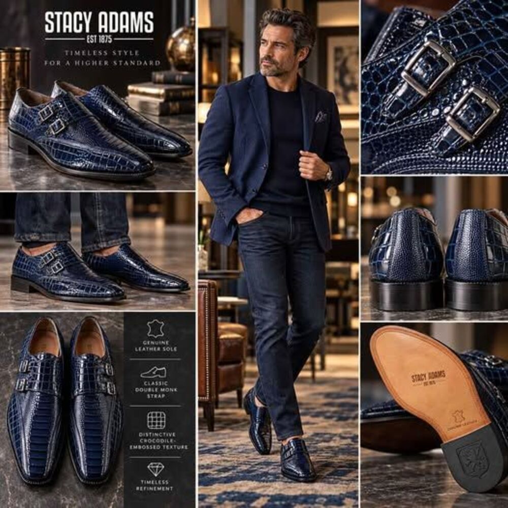 Stacy Adams Men's Navy Croc Embossed Double Monk Strap Dress Shoes Size 10.5